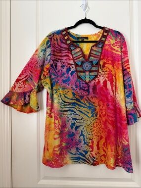 Calessa Colorful Embroidered V-Neck Flutter Sleeve Tunic - Burnout Velvet 1X
